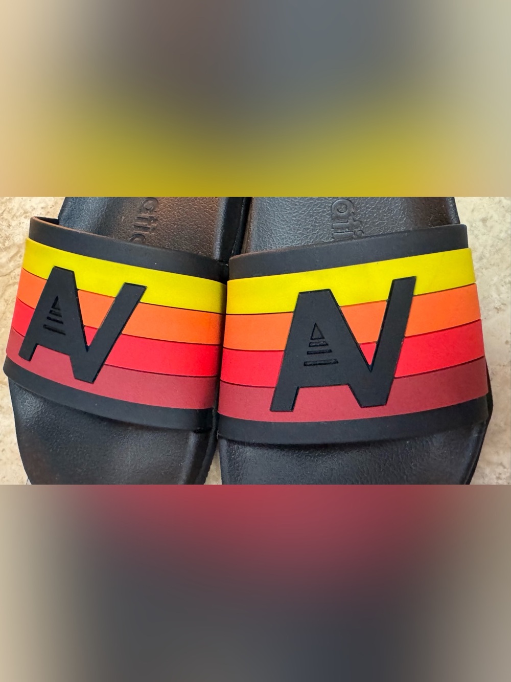 Aviator Nation Black Slides with Red-Orange-Yellow Stripe - Picture 5 of 8